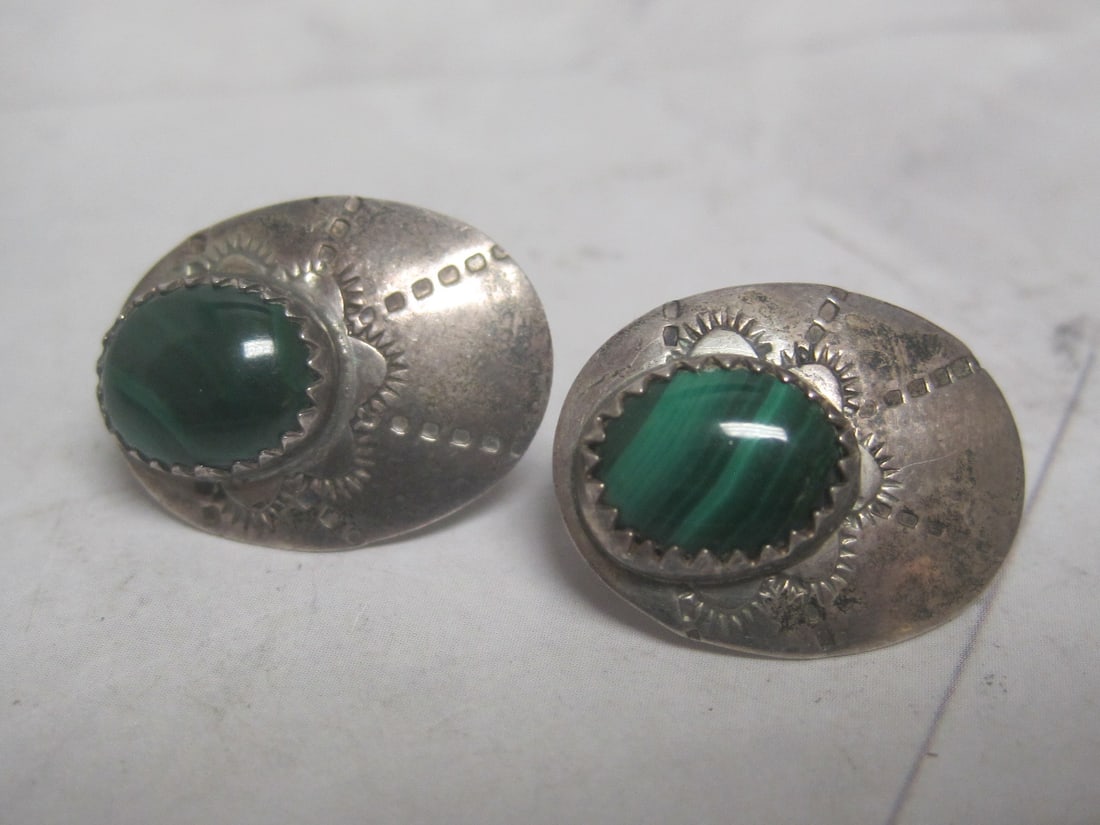 Sterling Silver Native American Malachite Earrings: Weighs 3.5 grams, No backs