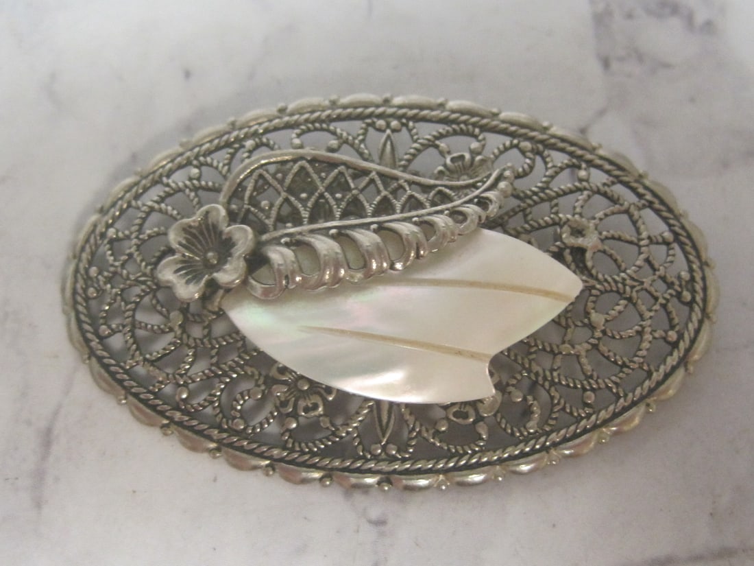 Vintage Filigree & Mother of Pearl Brooch: Signed Western Germany