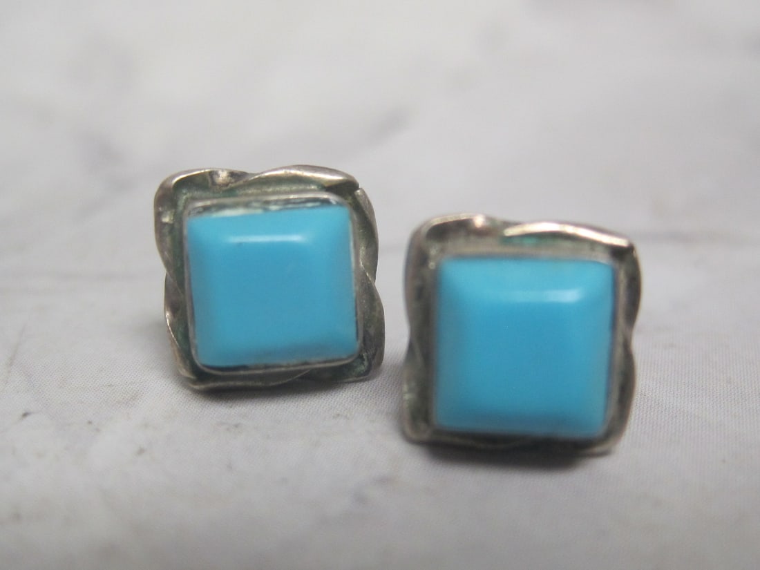 Sterling Silver Native American Style Turquoise Pierced Earrings: Weighs 1 gram, No backs