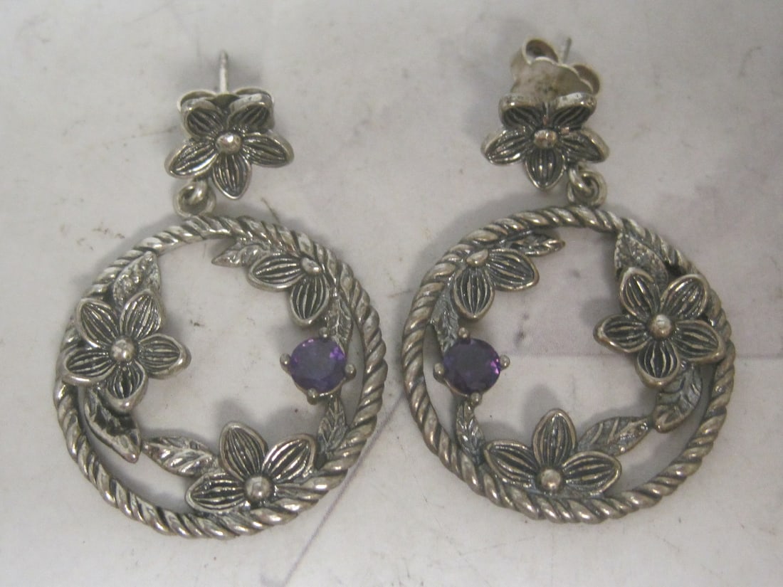 Sterling Silver Flower Earrings with Amethyst Stones from Israel: Weighs 8.8 grams