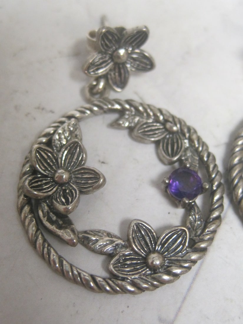 Sterling Silver Flower Earrings with Amethyst Stones from Israel - 2