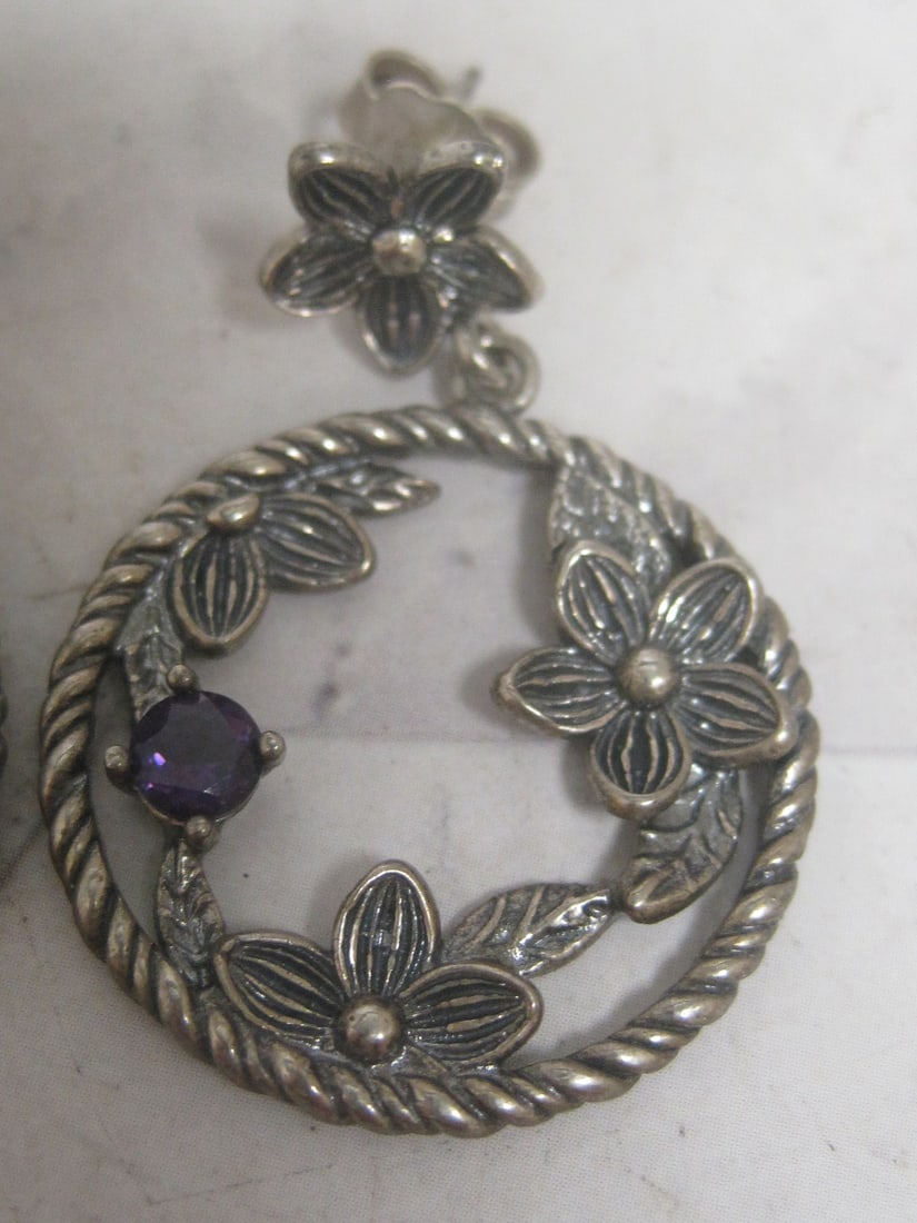 Sterling Silver Flower Earrings with Amethyst Stones from Israel - 3