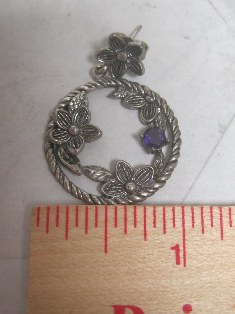Sterling Silver Flower Earrings with Amethyst Stones from Israel - 4