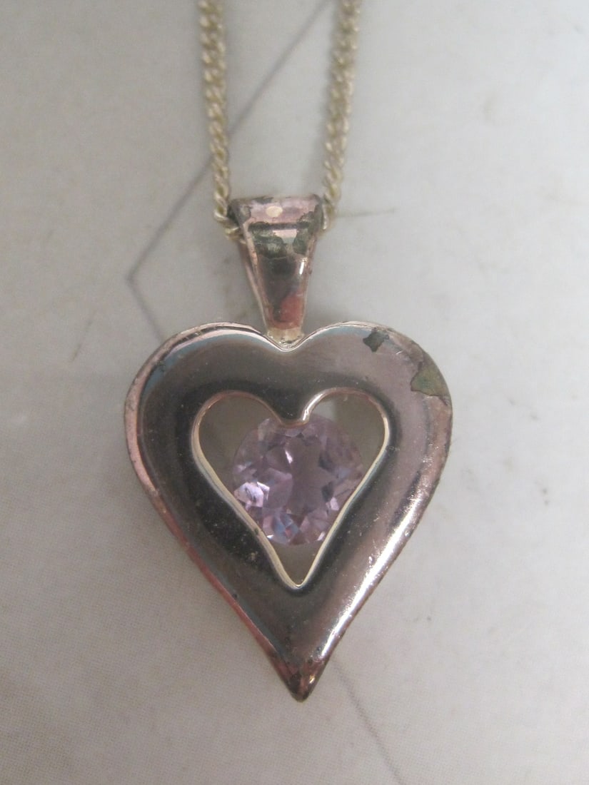 Sterling Silver Heart Pendant with Purple Stone on 18" Sterling Silver Chain - 2