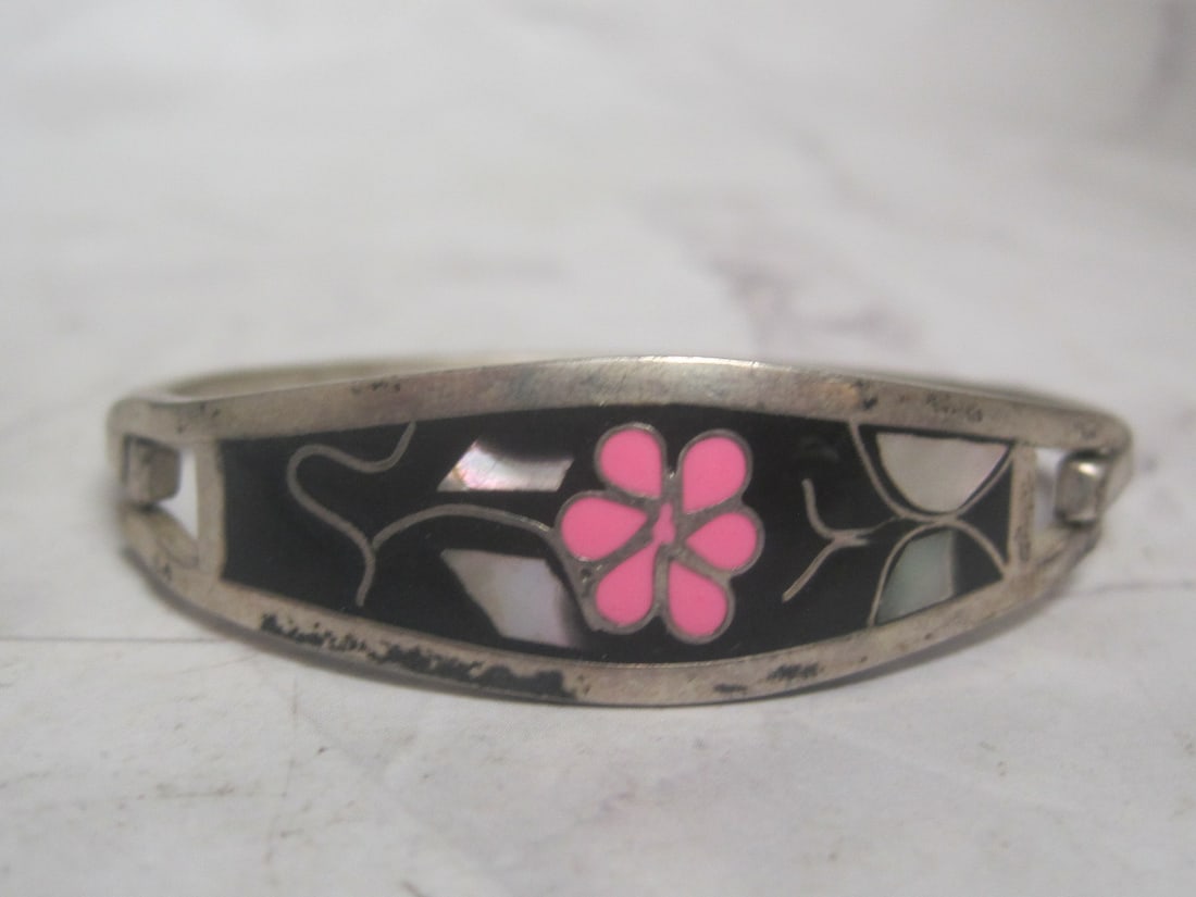 Mexican Silver Hinged Bangle Bracelet with Stone Inlay (1 of 6)