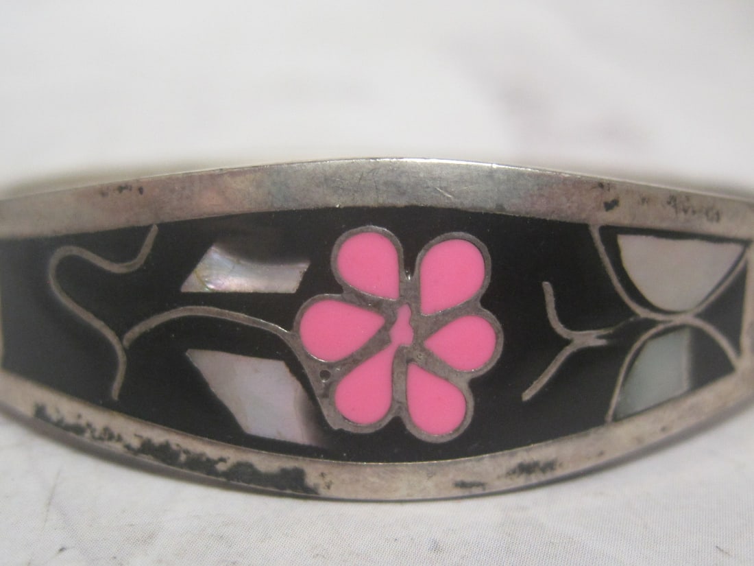 Mexican Silver Hinged Bangle Bracelet with Stone Inlay - 2