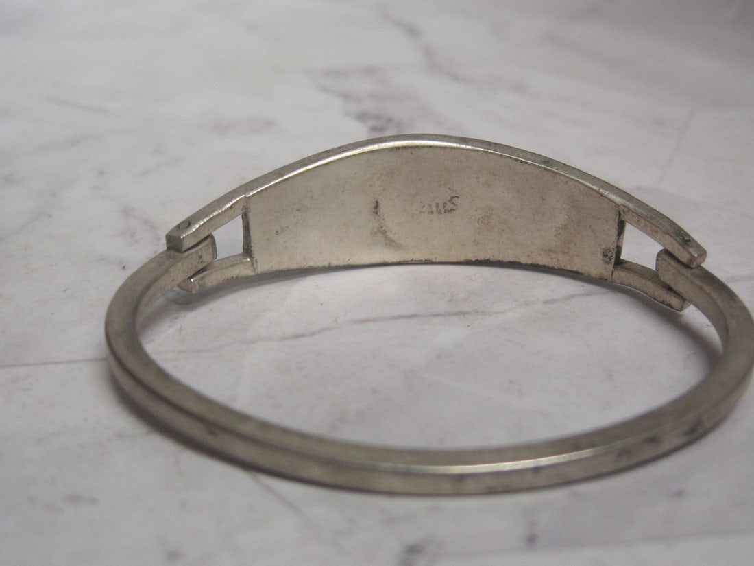 Mexican Silver Hinged Bangle Bracelet with Stone Inlay - 3