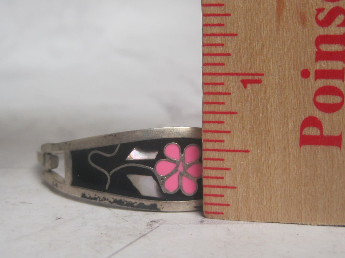 Mexican Silver Hinged Bangle Bracelet with Stone Inlay - 6