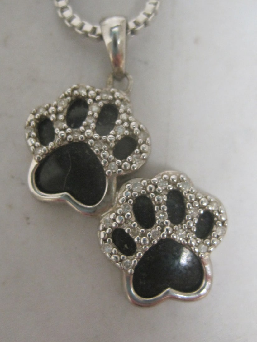 Sterling Silver Black Onyx & Diamond Double Paw Print Pendant on 16" Sterling Silver Chain - 2