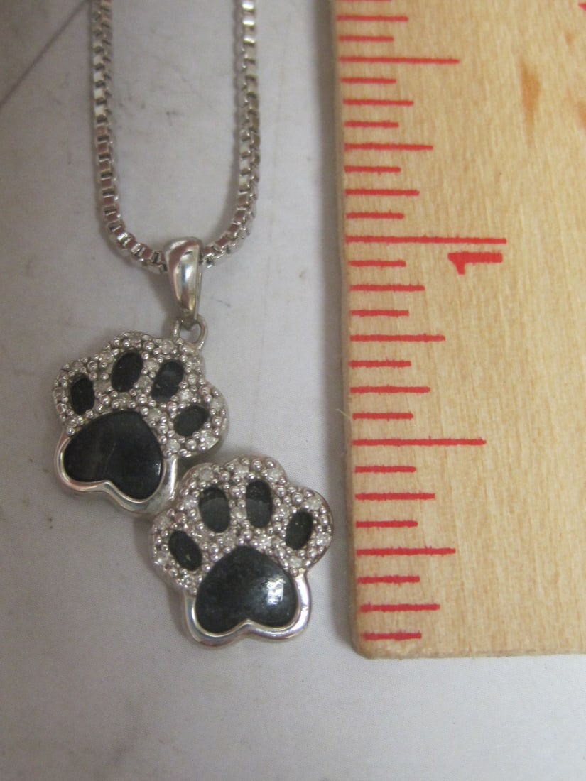 Sterling Silver Black Onyx & Diamond Double Paw Print Pendant on 16" Sterling Silver Chain - 4