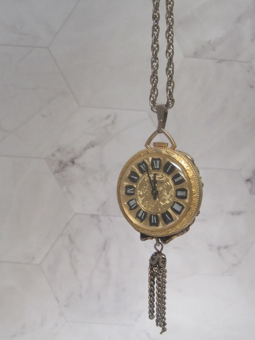 Vintage Lucerne Pendant Pocket Watch with 24" Goldtone Chain: 1 side clock & 1 side portrait of lady