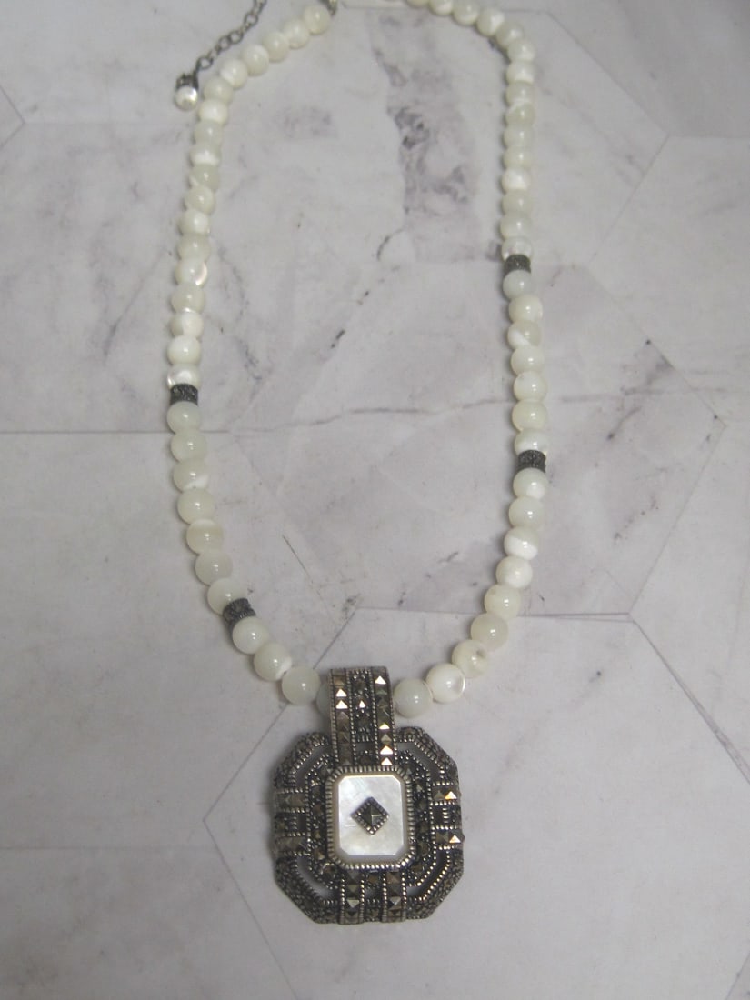 18" Art Deco Style Sterling Silver Marcasite & Mother of Pearl Pendant on Faux Pearl Necklace: .