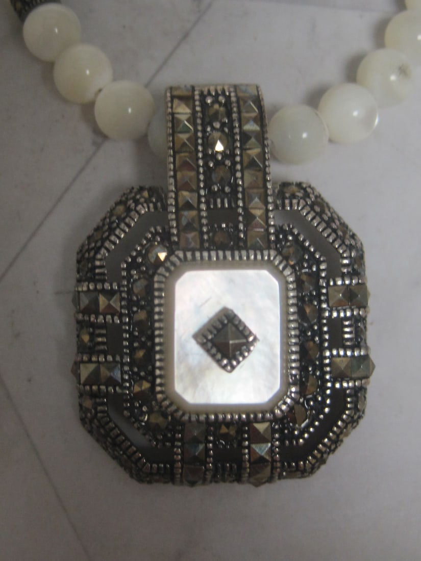18" Art Deco Style Sterling Silver Marcasite & Mother of Pearl Pendant on Faux Pearl Necklace - 2