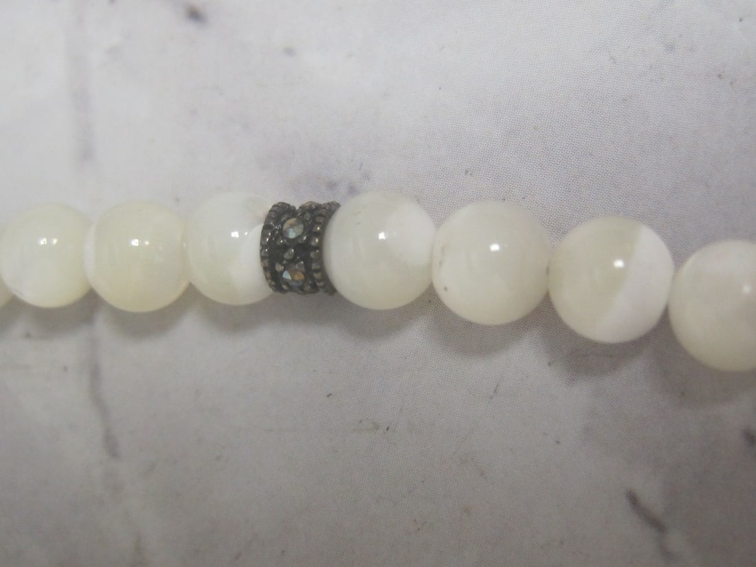 18" Art Deco Style Sterling Silver Marcasite & Mother of Pearl Pendant on Faux Pearl Necklace - 3