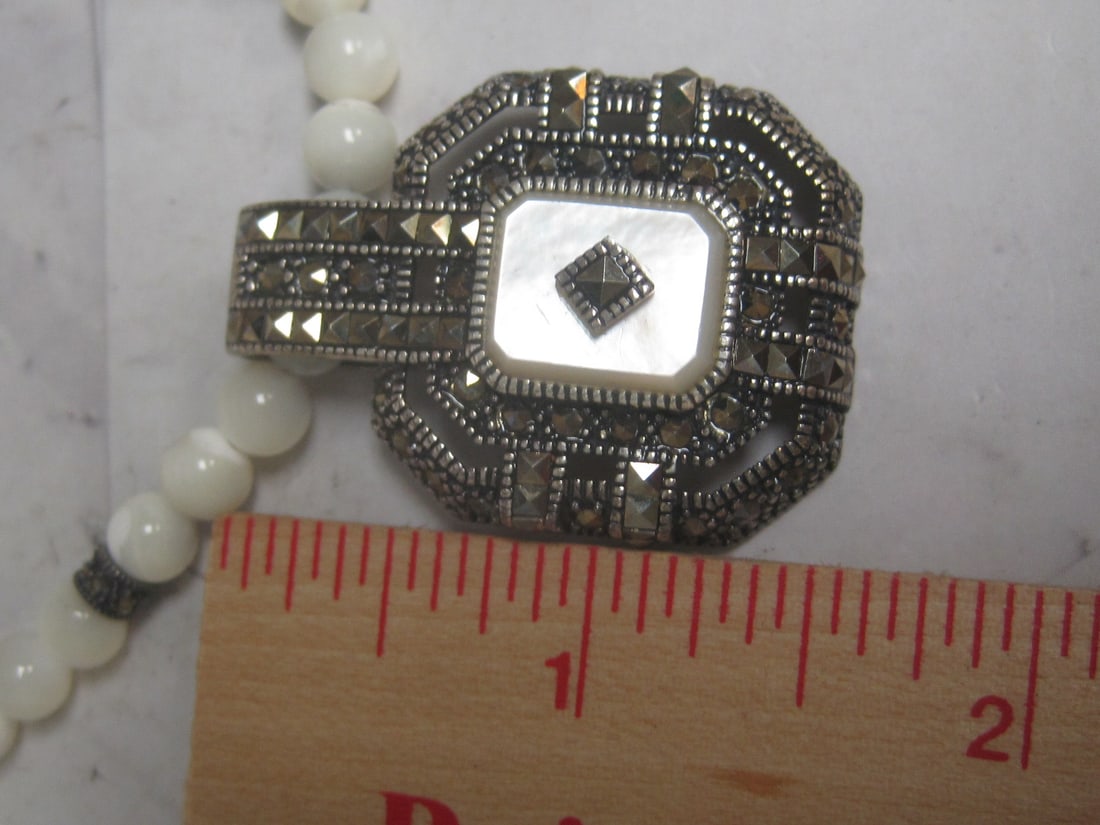 18" Art Deco Style Sterling Silver Marcasite & Mother of Pearl Pendant on Faux Pearl Necklace - 5