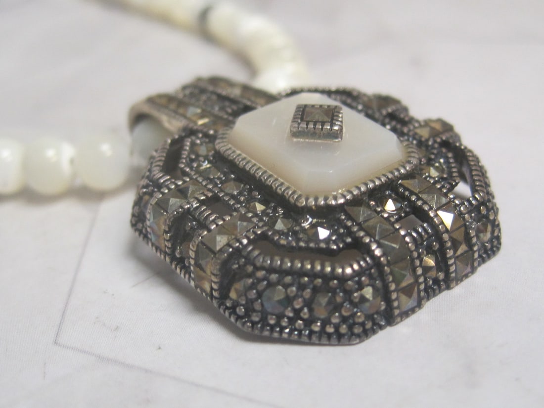 18" Art Deco Style Sterling Silver Marcasite & Mother of Pearl Pendant on Faux Pearl Necklace - 6