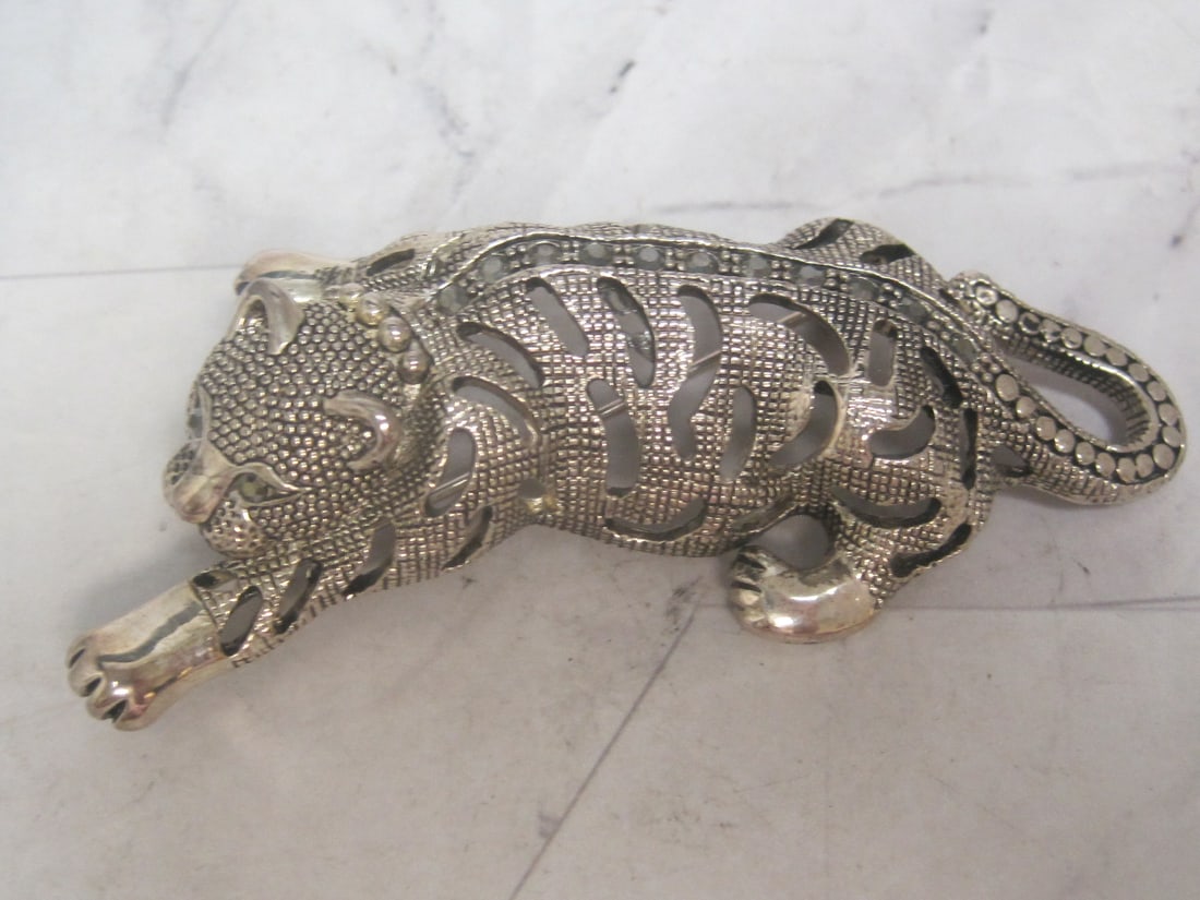Silvertone Marcasite Tiger Pendant: .