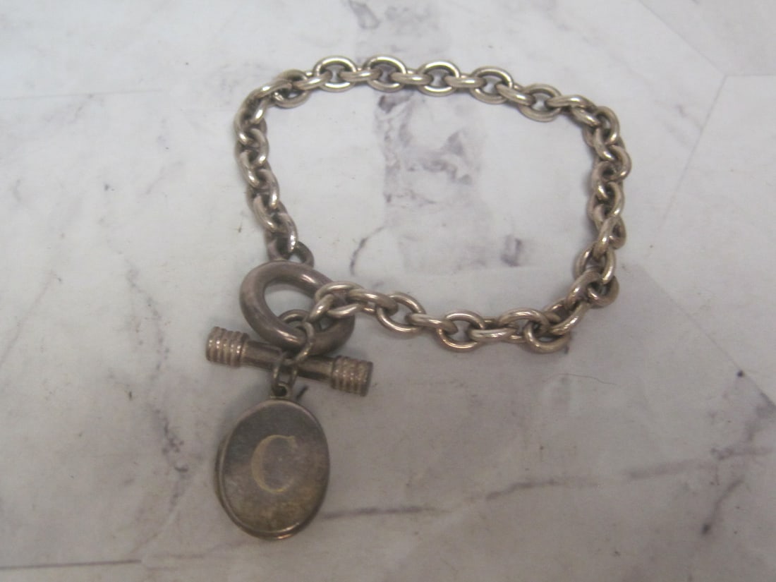 7" Sterling Silver Bracelet with "C" Locket & Toggle Clasp: Weighs 19.7 grams
