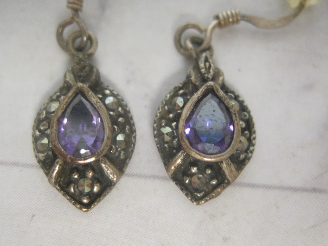 Sterling Silver Amethyst & Marcasite Earrings - 2