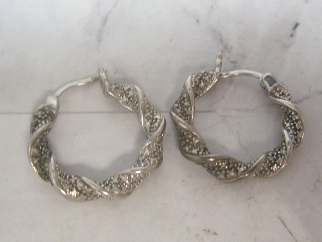 Sterling Silver Marcasite Hoop Earrings: Weighs 9.2 grams