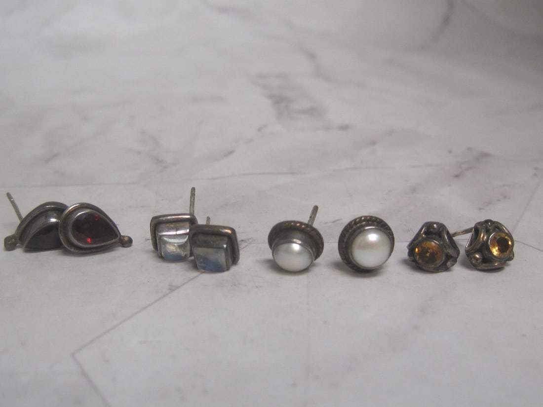 Lot of 4 Pairs of Sterling Silver Gemstone Earrings: Weighs 8 grams