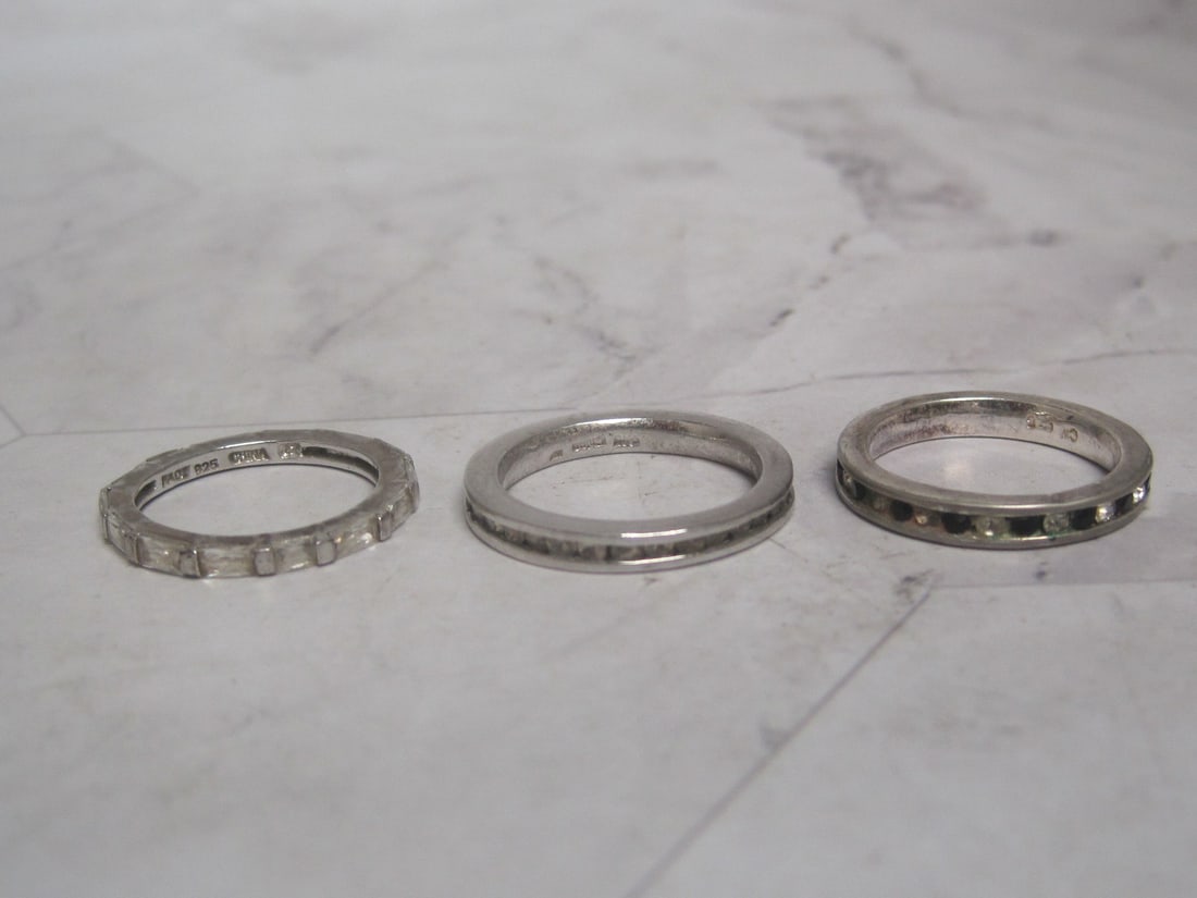 Lot of 3 Sterling Silver Band Rings with Gemstones: Weighs 8 grams