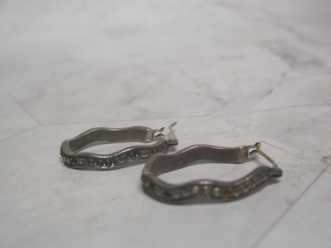 Sterling Silver Marcasite Hoop Earrings: Weighs 4.3 grams