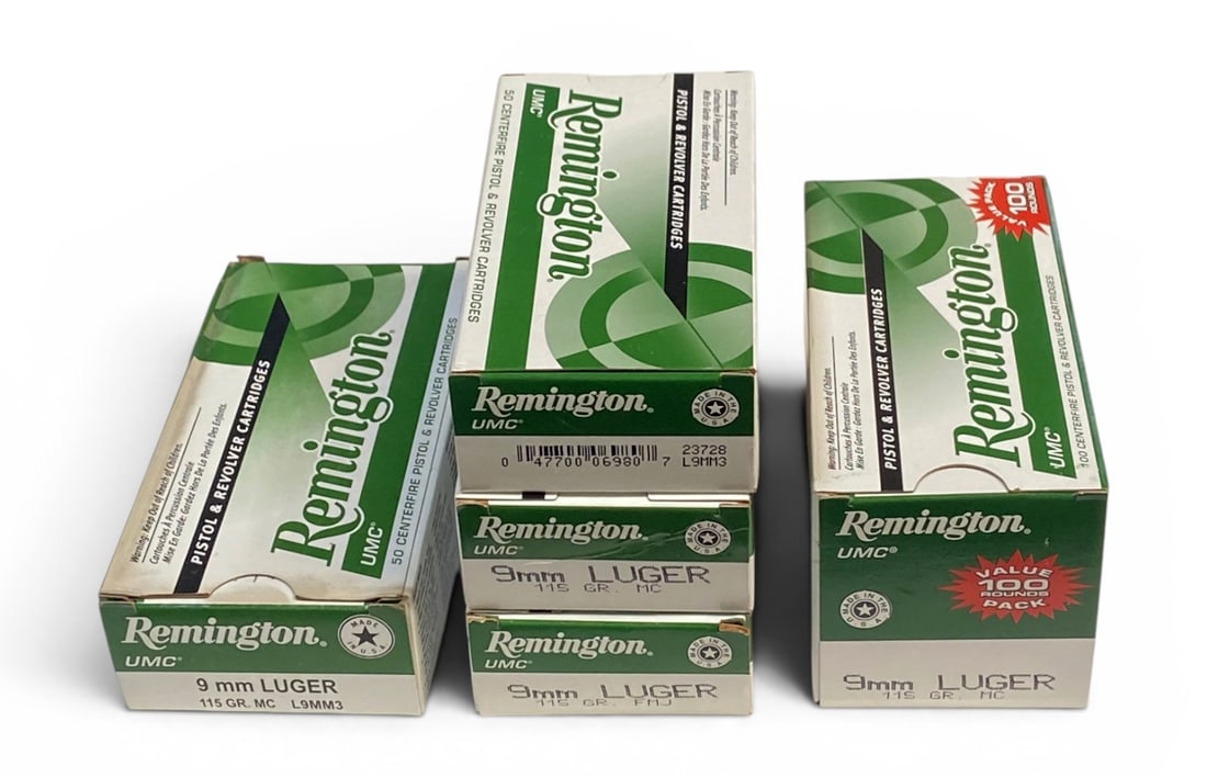 NIB 286rds. of 9mm 115gr. Remington UMC Ammunition: One partial box, all others full. 6rds. in partial box have FC head stamp. See photos