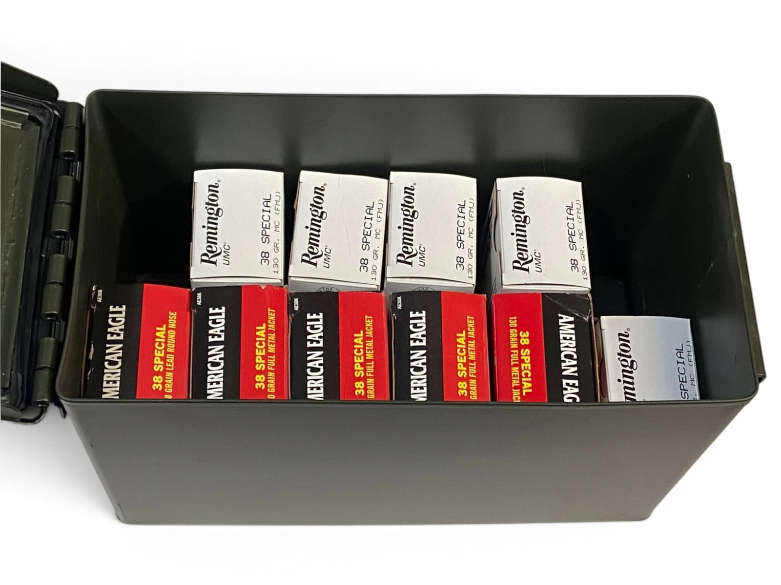 471rds. of .38 SPECIAL 130gr. FMJ in Ammo Can (DISCLAIMER: Water Exposed Packaging): See photos for what’s all here. Boxes have been exposed to some level of water damage and bullets and cases show some corrosion, some worse than others. Most likely still good, but definitely