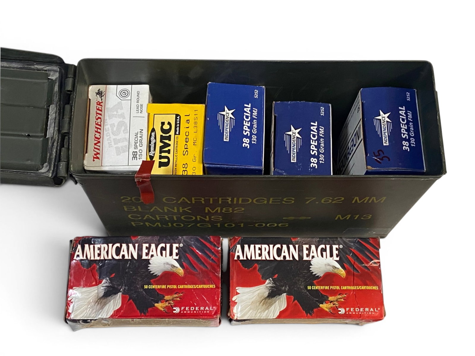 335rds. of .38 SPECIAL Ammunition in Ammo Can (DISCLAIMER: Water Exposed Packaging): See photos for what’s all here. Boxes have been exposed to some level of water damage and bullets and cases show some corrosion, some worse than others. Most likely still good, but definitely sa