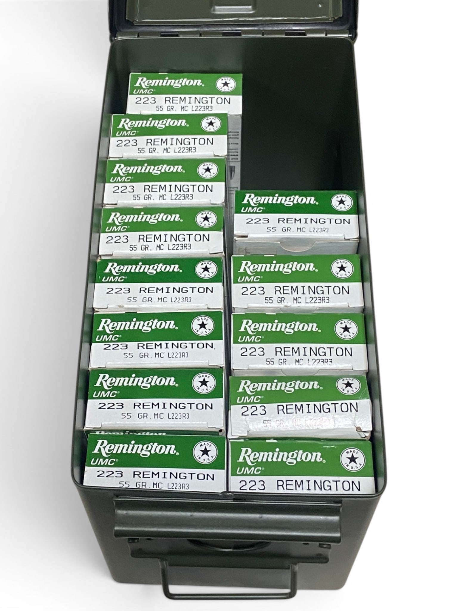 260rds. of .223 REM. 55gr. Remington UMC Ammunition in Can (DISCLAIMER: Water Exposure): Boxes of ammo show clear signs of water exposure, but ammo looks to be in overall useable condition with potential of minor corrosion.