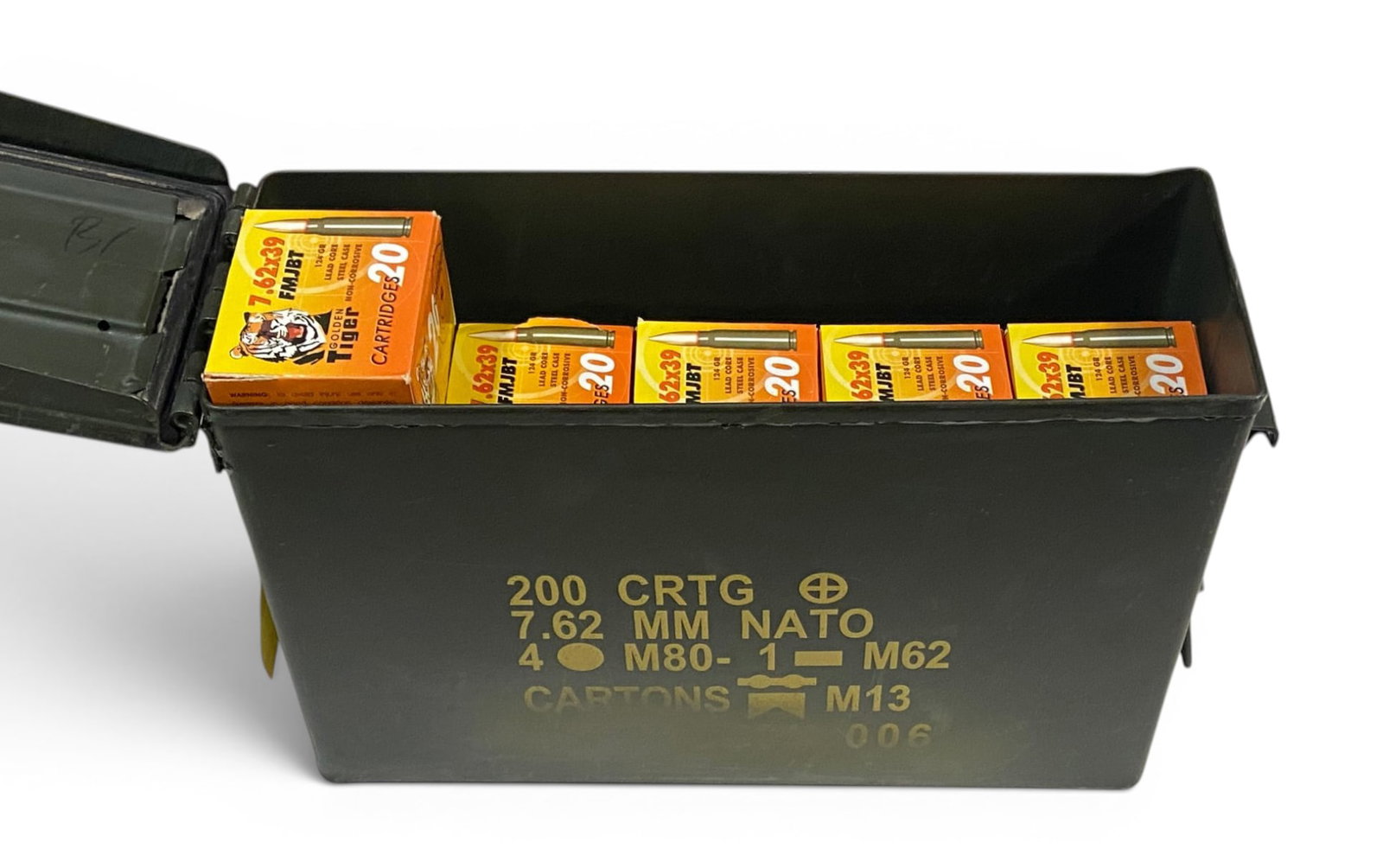 NIB 320rds. of 7.62x39 FMJBT 124gr. Lead Core Steel Case Golden Tiger Ammunition in Ammo Can: See photo(s)