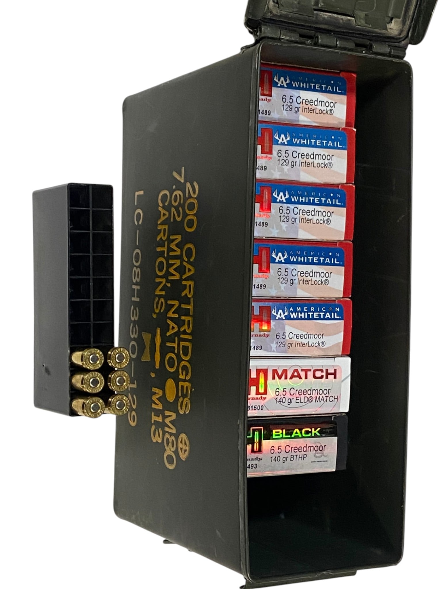 WOW! NIB 146rds. of 6.5 CREEDMOOR 129gr. & 140gr. HORNADY Performance Ammunition in Can: High quality, expensive ammunition - (100) 129gr. Interlock American Whitetail, (20) 140gr. ELD MATCH, (20) 140gr. BTHP BLACK, (6) Loose