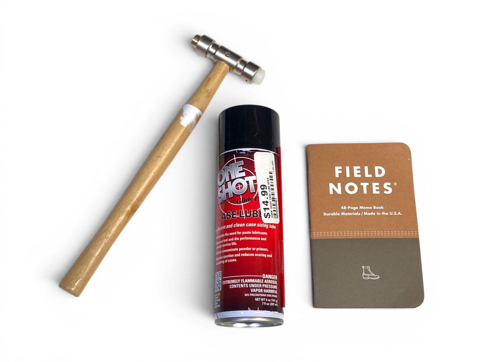 One Shot Case Lube, Gunsmith Hammer, and Field Notes Notepad: See photo(s)