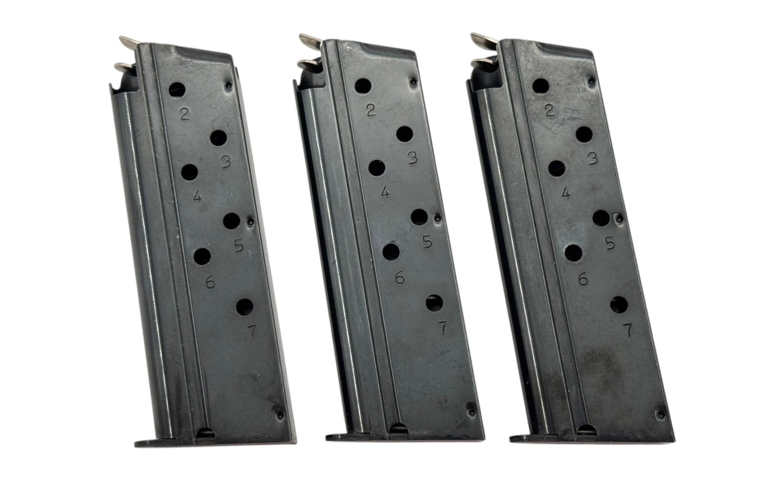 (3) Colt 9mm Mark IV Series 80 Government 1911 7-Round Magazines: Blued Steel, Made in Italy