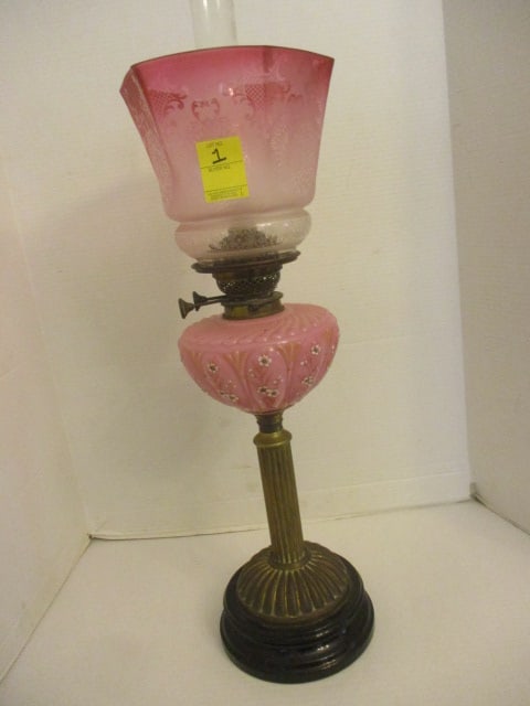 Pink Satin Hurricane Lamp Floral Etched Shade "Banquet Lamp" (1 of 5)
