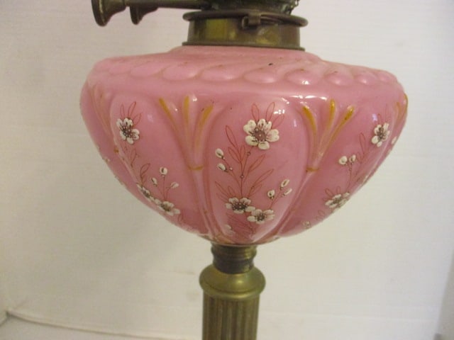 Pink Satin Hurricane Lamp Floral Etched Shade "Banquet Lamp" - 2