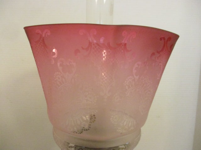 Pink Satin Hurricane Lamp Floral Etched Shade "Banquet Lamp" - 3