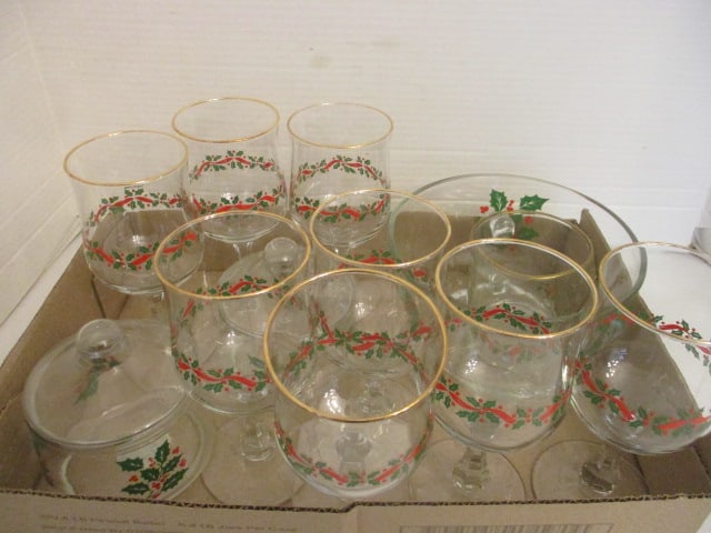 Christmas Glassware: 8 Stems, 1 Mug, 2 Covered Dishes, 1 Center Bow (1 of 2)