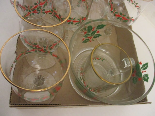 Christmas Glassware: 8 Stems, 1 Mug, 2 Covered Dishes, 1 Center Bow - 2