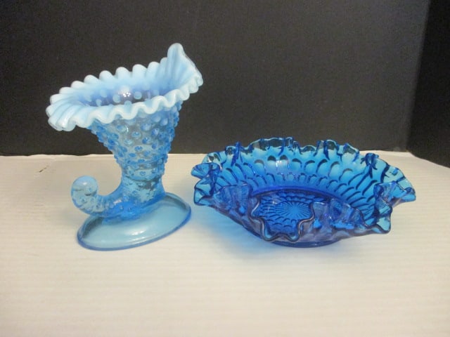 Hobnail Cornucopia Vase & Blue Ruffled: .