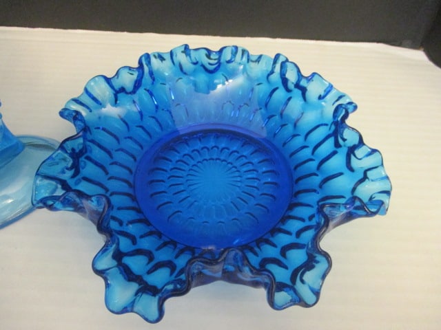 Hobnail Cornucopia Vase & Blue Ruffled - 2