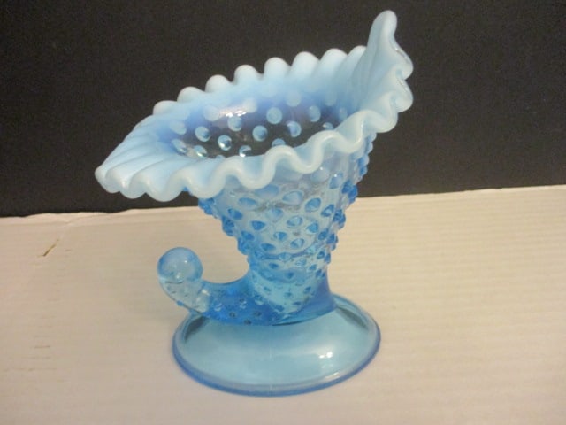 Hobnail Cornucopia Vase & Blue Ruffled - 3