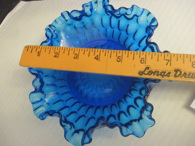 Hobnail Cornucopia Vase & Blue Ruffled - 4