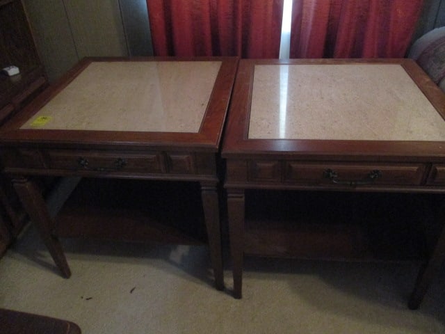 2 Matching Wood & Tile End tables: 1 has crack in top, false drawer, scratches; 23" tall x 23-1/2" square Bring helpto load
