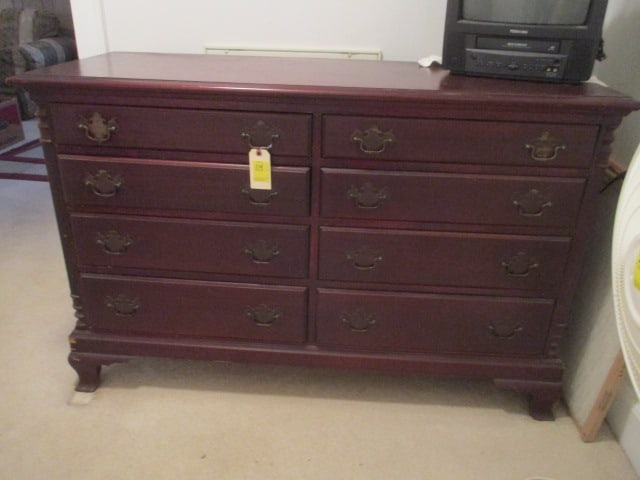 8 Drawer Dresser: Mahogany (?); Heavy (34-1/2" tall x 20-1/2" deep X 54" long) Bring help to load