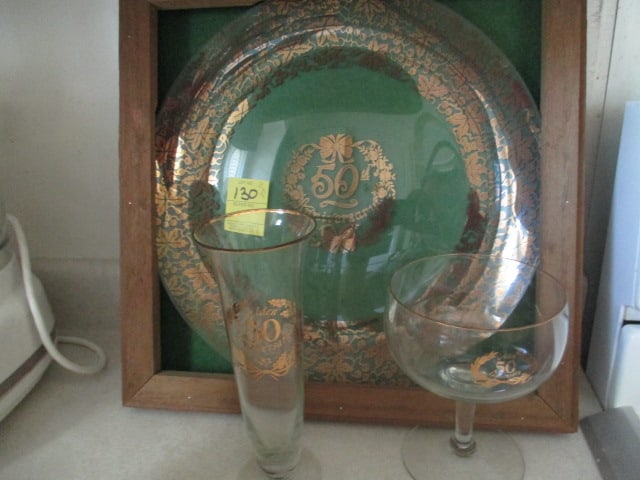 3pc 50th Year Anniversary Set: Vase, Large plate in frame & Large glass