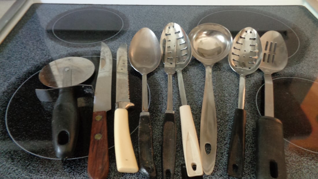 Lot of Serving Spoons and Knives: .
