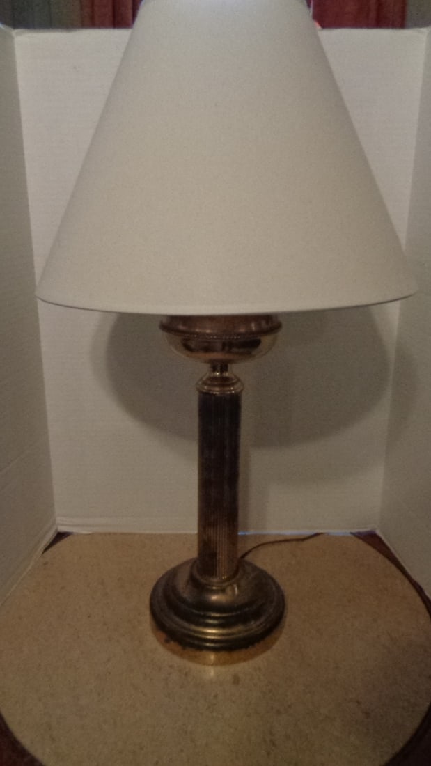 Brass Type Lamp & Shade: Wear to finish (28 inches)