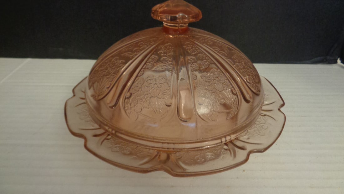 Pink Depression Floral Covered Butterdish: .